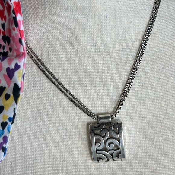 Brighton Deco Lace Necklace Silver Plated Scroll Design Double Chain & Cloth Bag - Picture 2 of 9